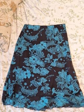 Black & Teal Floral A-Line Midi Skirt